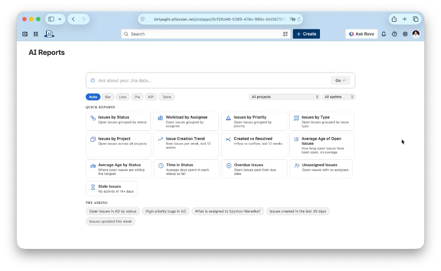 AI Reports global page with a question box, quick reports, and example prompts