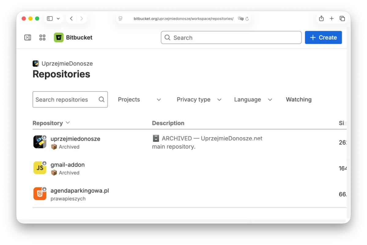 Bitbucket repository list showing repositories marked Archived