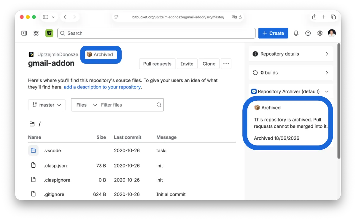 The 📦 Archived notice on a repository's Source page