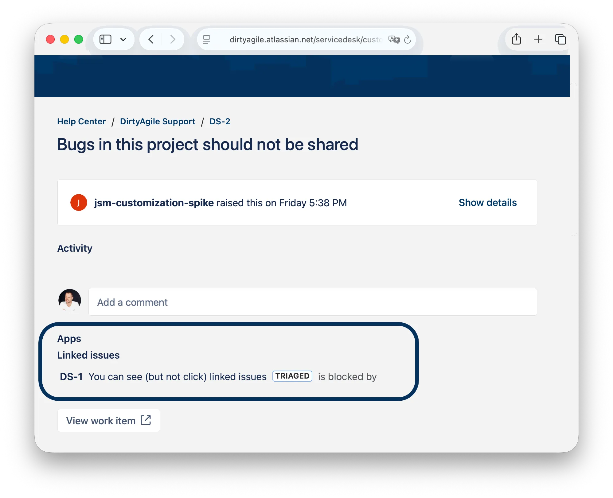 Linked issues panel below the request activity showing a blocking issue