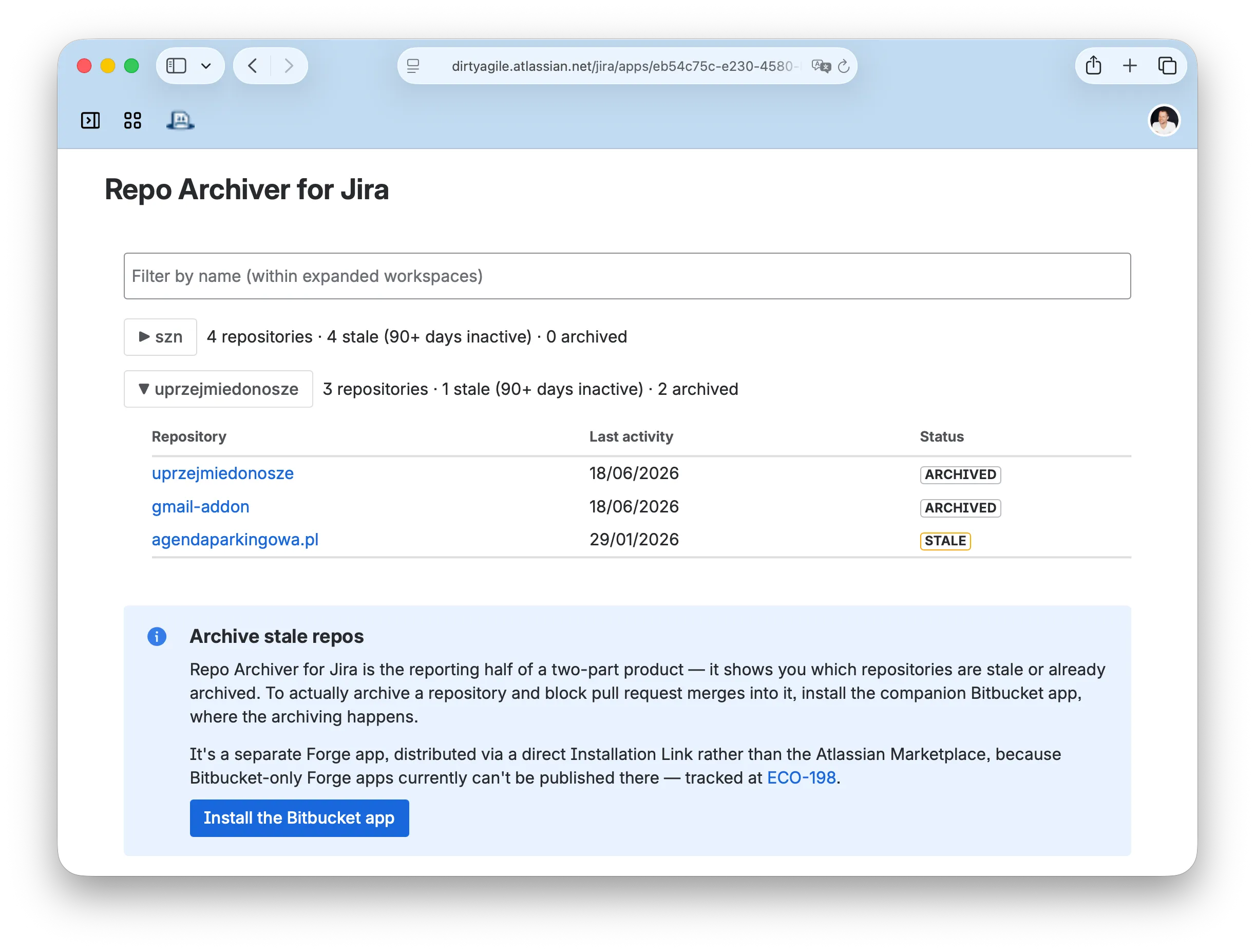 Jira global page showing a workspace expanded with Active/Stale/Archived labels on repos
