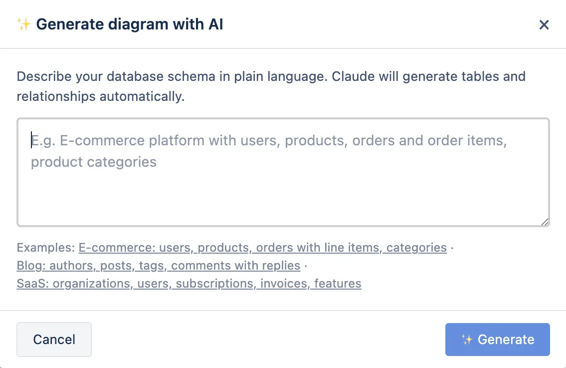 AI prompt modal producing a generated schema diagram