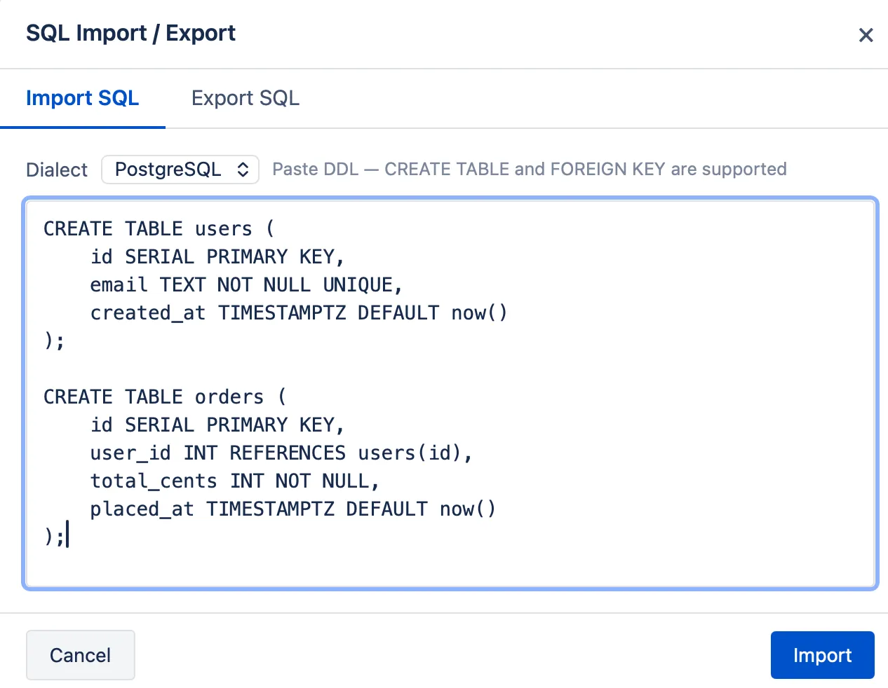 SQL import dialog with a CREATE TABLE snippet pasted in